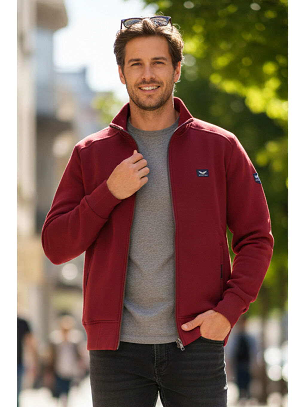 Üç İplik Şardonlu Pamuklu Önü Tek Üst Erkek Fermuarlı Sweatshirt Hırka 0347 Bordo-1