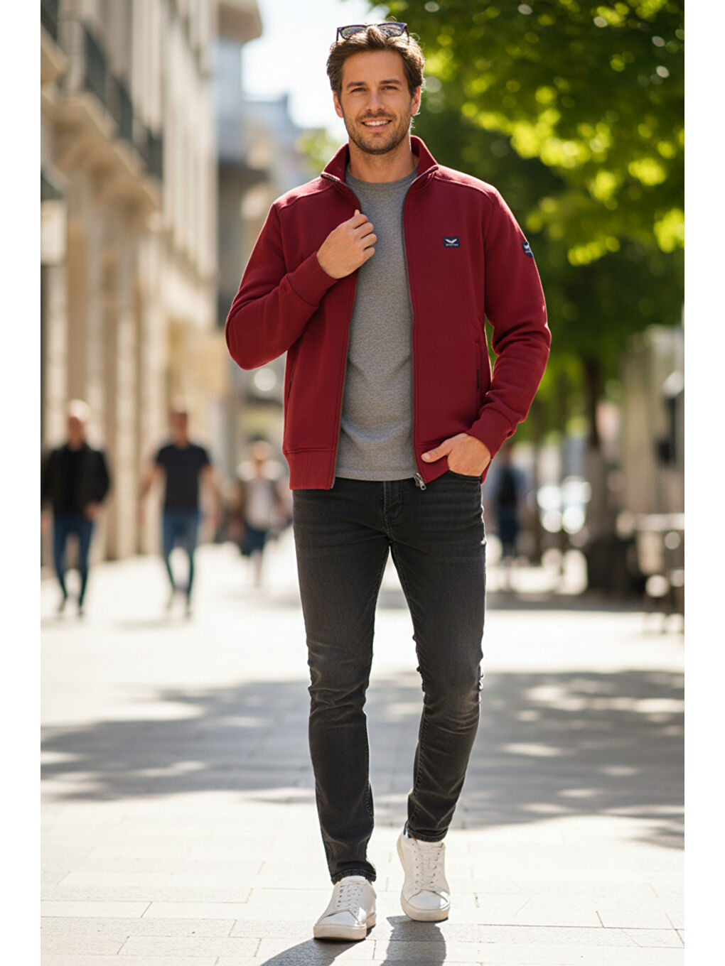 Üç İplik Şardonlu Pamuklu Önü Tek Üst Erkek Fermuarlı Sweatshirt Hırka 0347 Bordo-3