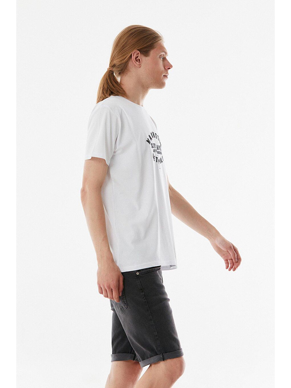 Beyaz Manhattan Baskılı Bisiklet Yaka Tişört-3