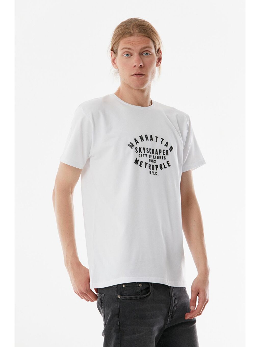 Beyaz Manhattan Baskılı Bisiklet Yaka Tişört-4