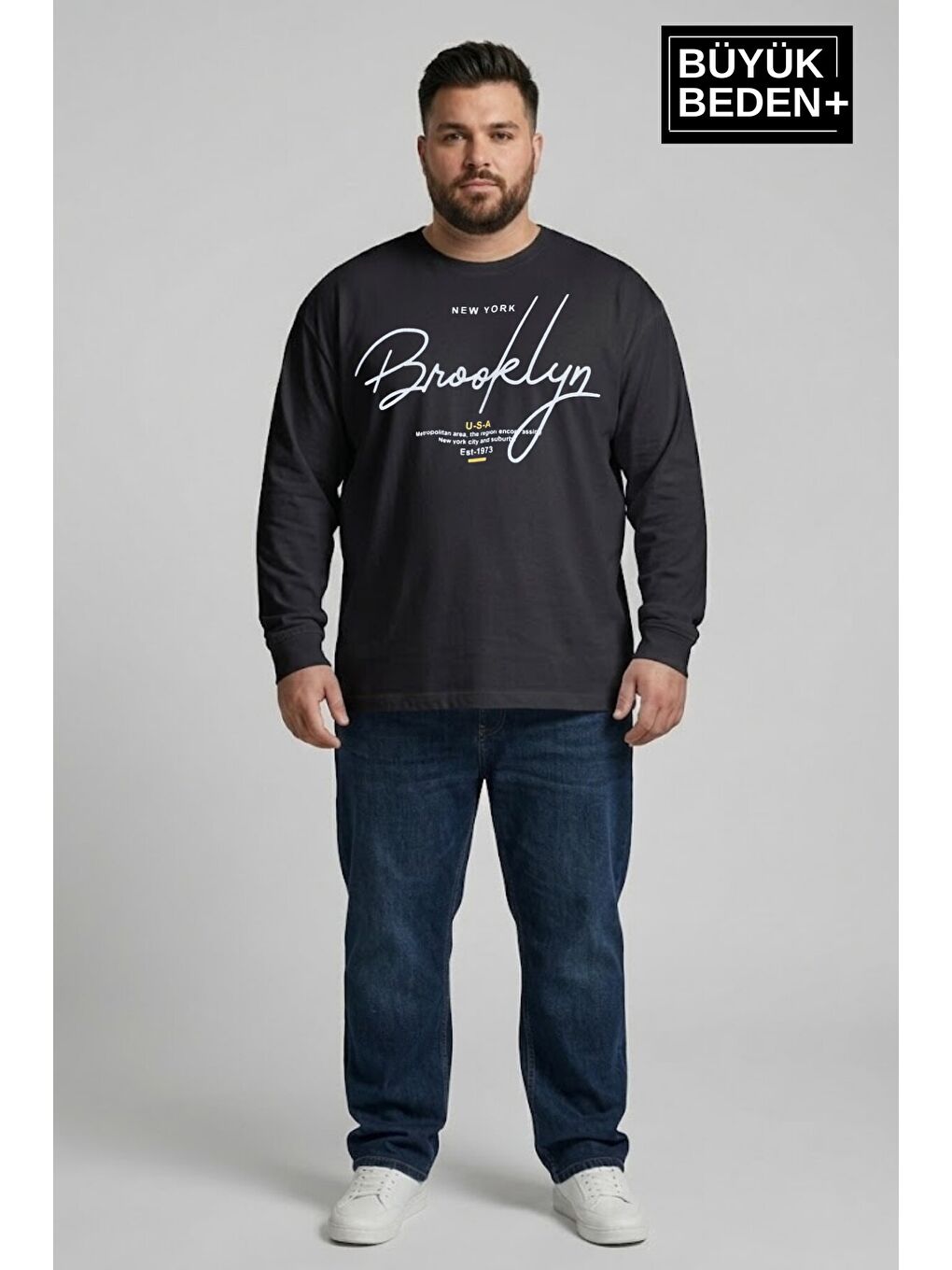 Siyah Erkek Büyük Beden El Yazılı Brooklyn Baskılı 2 İplik Bisiklet Yaka Tişört SPR26BTS942-6