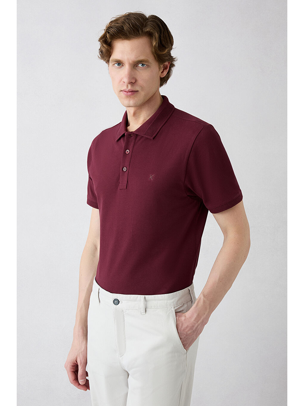 Bordo Kıvrılmaz Polo Yaka Slim Fit Dar Kesim Ribana Detaylı Pamuk Tişört