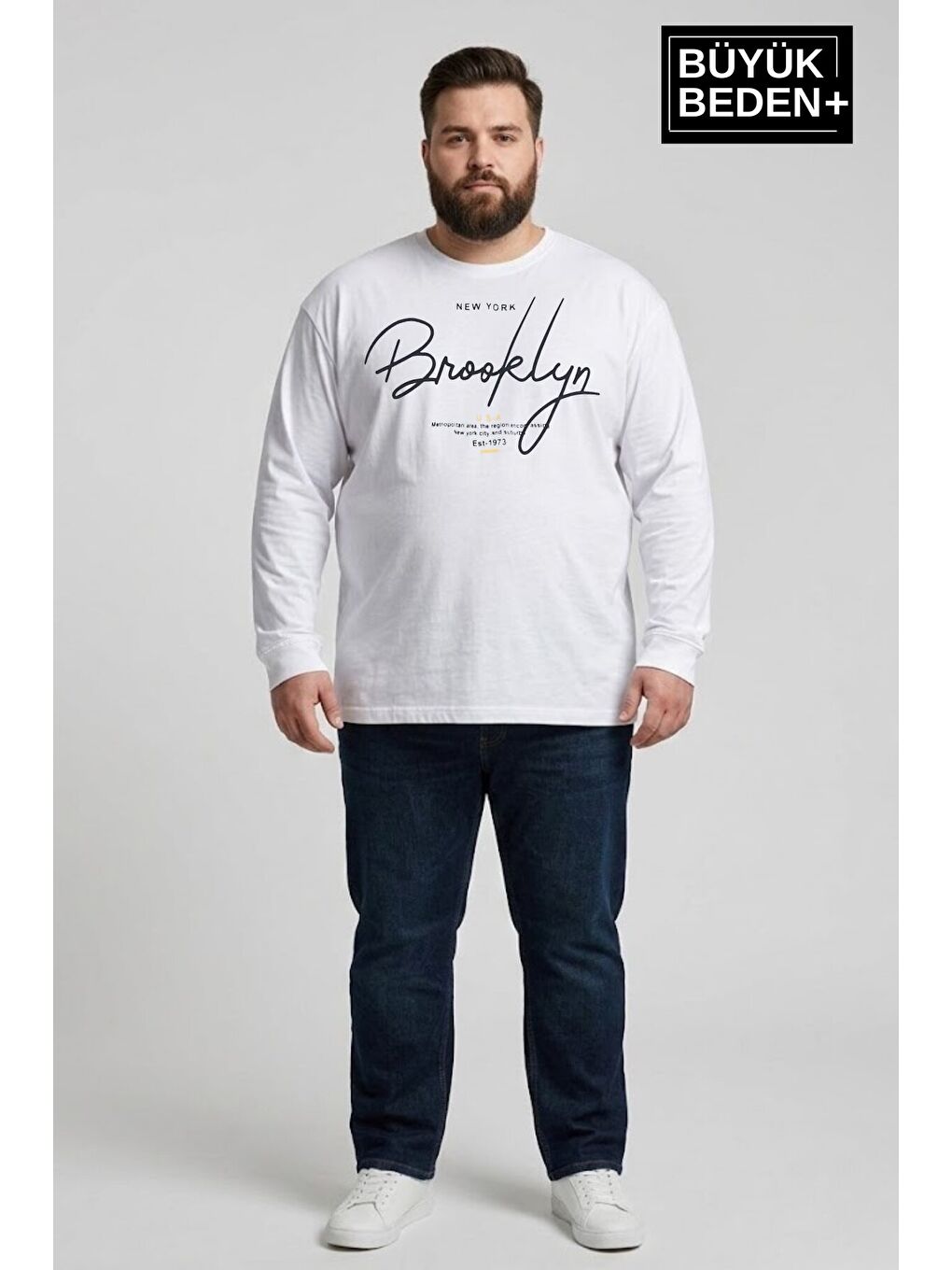 Beyaz Erkek Büyük Beden El Yazılı Brooklyn Baskılı 2 İplik Bisiklet Yaka Tişört SPR26BTS942-6