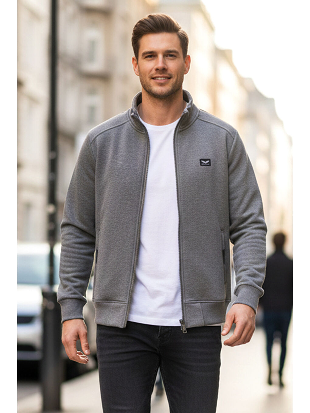 Üç İplik Şardonlu Pamuklu Önü Tek Üst Erkek Fermuarlı Sweatshirt Hırka 0347 Antrasit-1