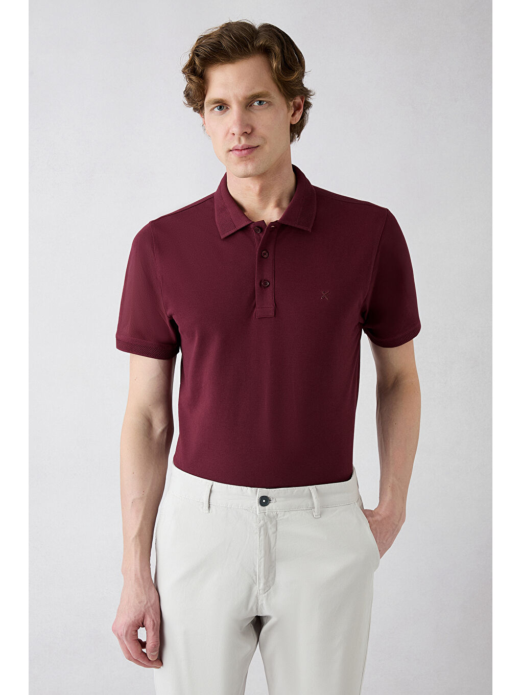 Bordo Kıvrılmaz Polo Yaka Slim Fit Dar Kesim Ribana Detaylı Pamuk Tişört-2