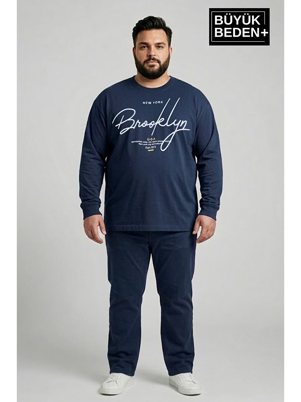Lacivert Erkek Büyük Beden El Yazılı Brooklyn Baskılı 2 İplik Bisiklet Yaka Tişört SPR26BTS942-6