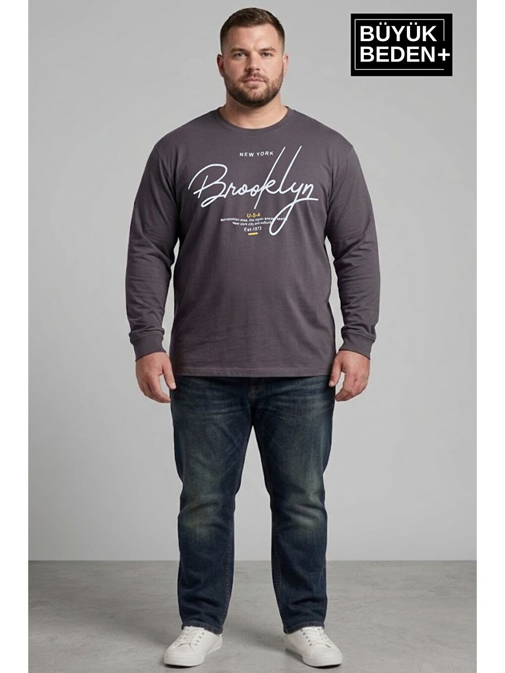Gri Erkek Büyük Beden El Yazılı Brooklyn Baskılı 2 İplik Bisiklet Yaka Tişört SPR26BTS942-6