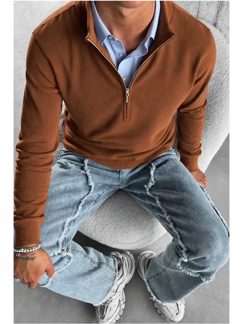 Erkek Kahverengi Regular Fit Yarım Pat Fermuarlı Yaka Triko Kazak