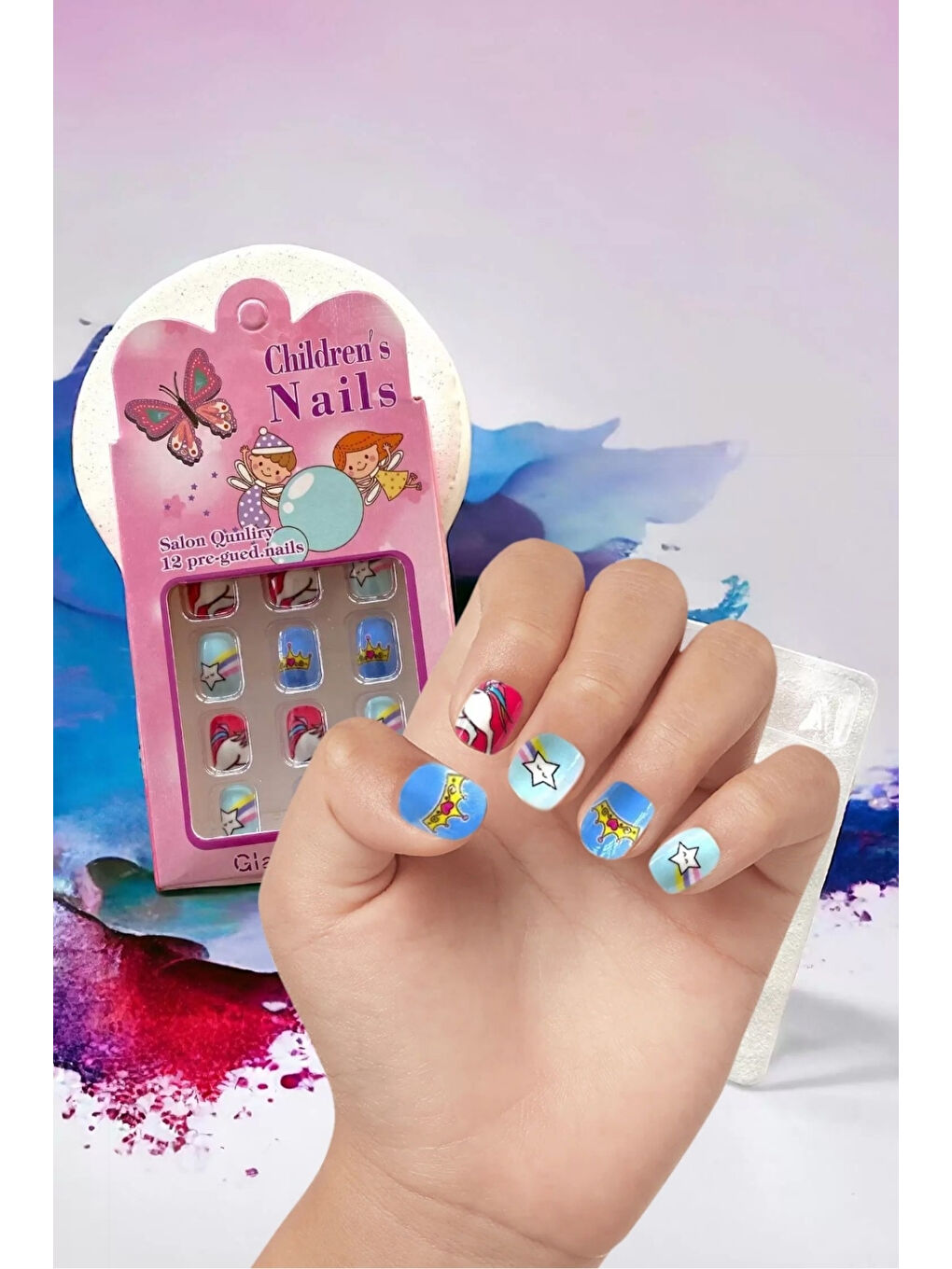 Çok Renkli Desenli Kız Çocuk Takma Tırnak