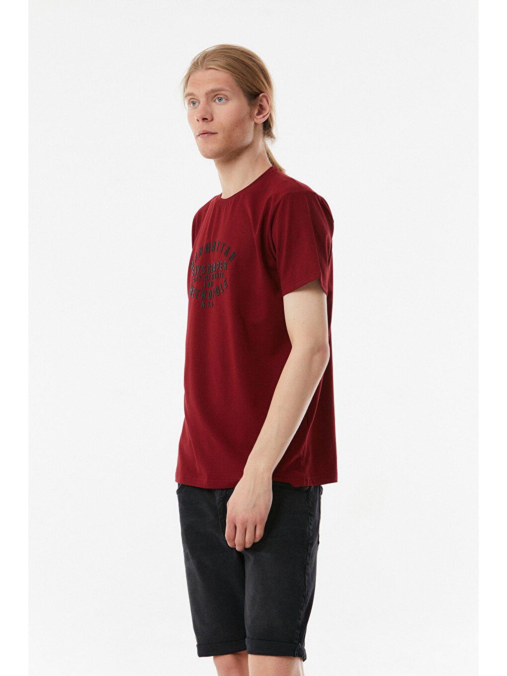 Bordo Manhattan Baskılı Bisiklet Yaka Tişört-2