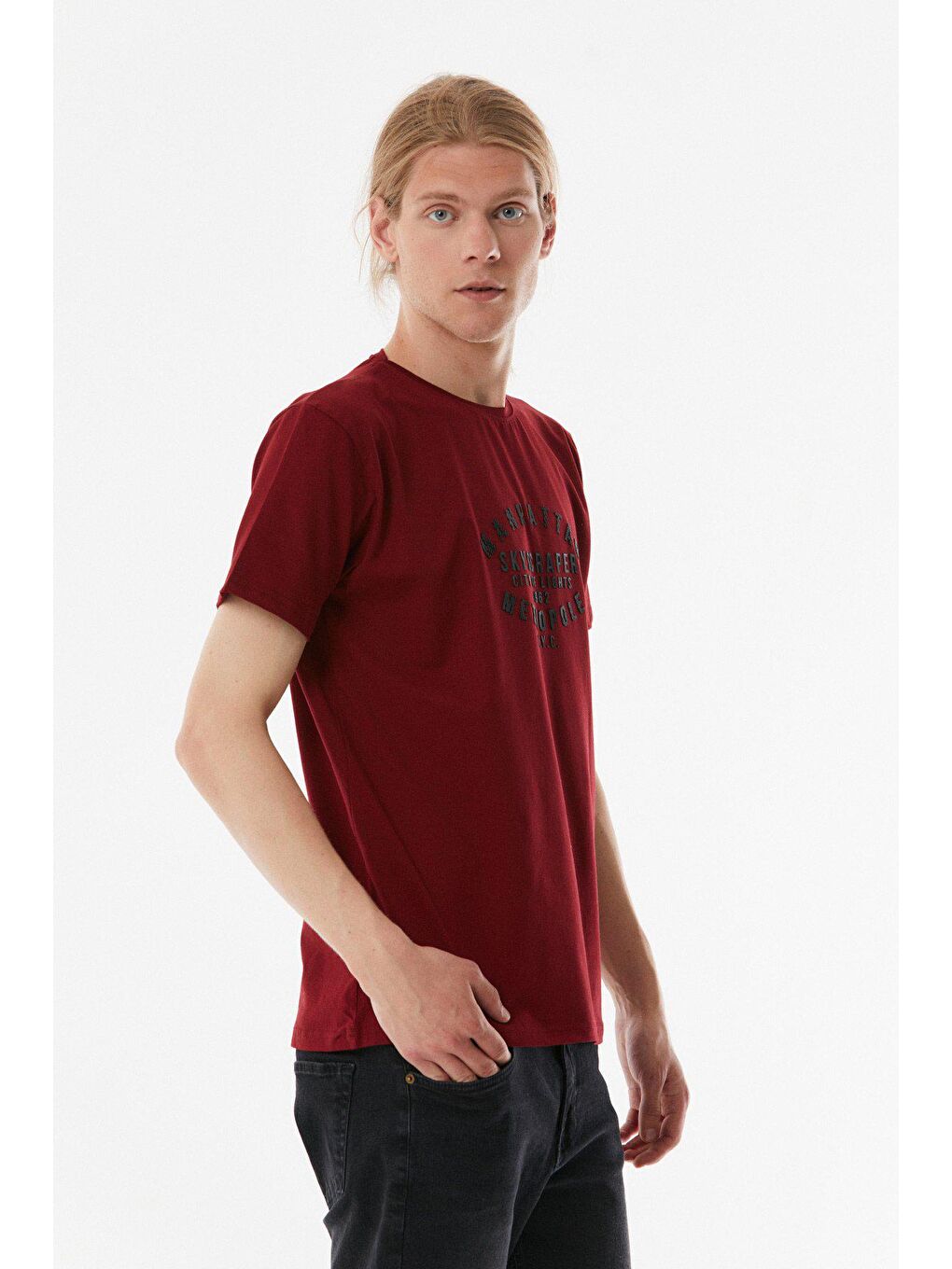 Bordo Manhattan Baskılı Bisiklet Yaka Tişört-3