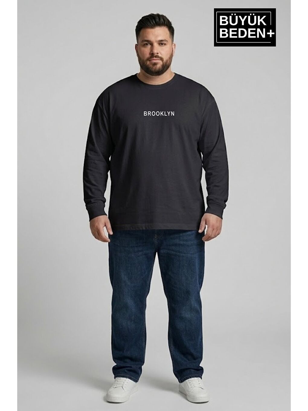 Siyah Erkek Büyük Beden Orta Brooklyn Baskılı 2 İplik Bisiklet Yaka Tişört SPR26BTS942-8