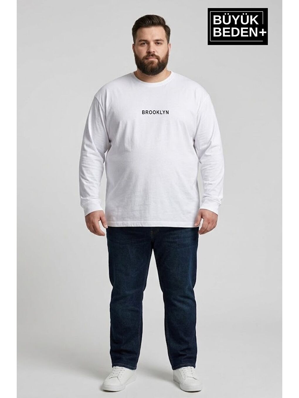 Beyaz Erkek Büyük Beden Orta Brooklyn Baskılı 2 İplik Bisiklet Yaka Tişört SPR26BTS942-8
