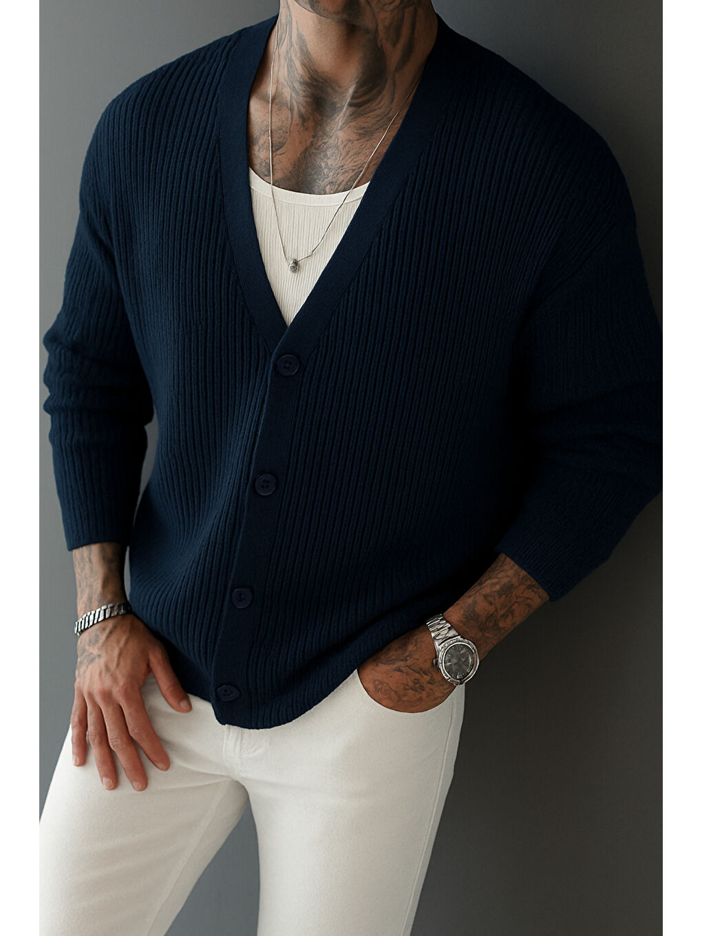 Erkek Lacivert Regular Fit Düğmeli V Yaka Triko Hırka