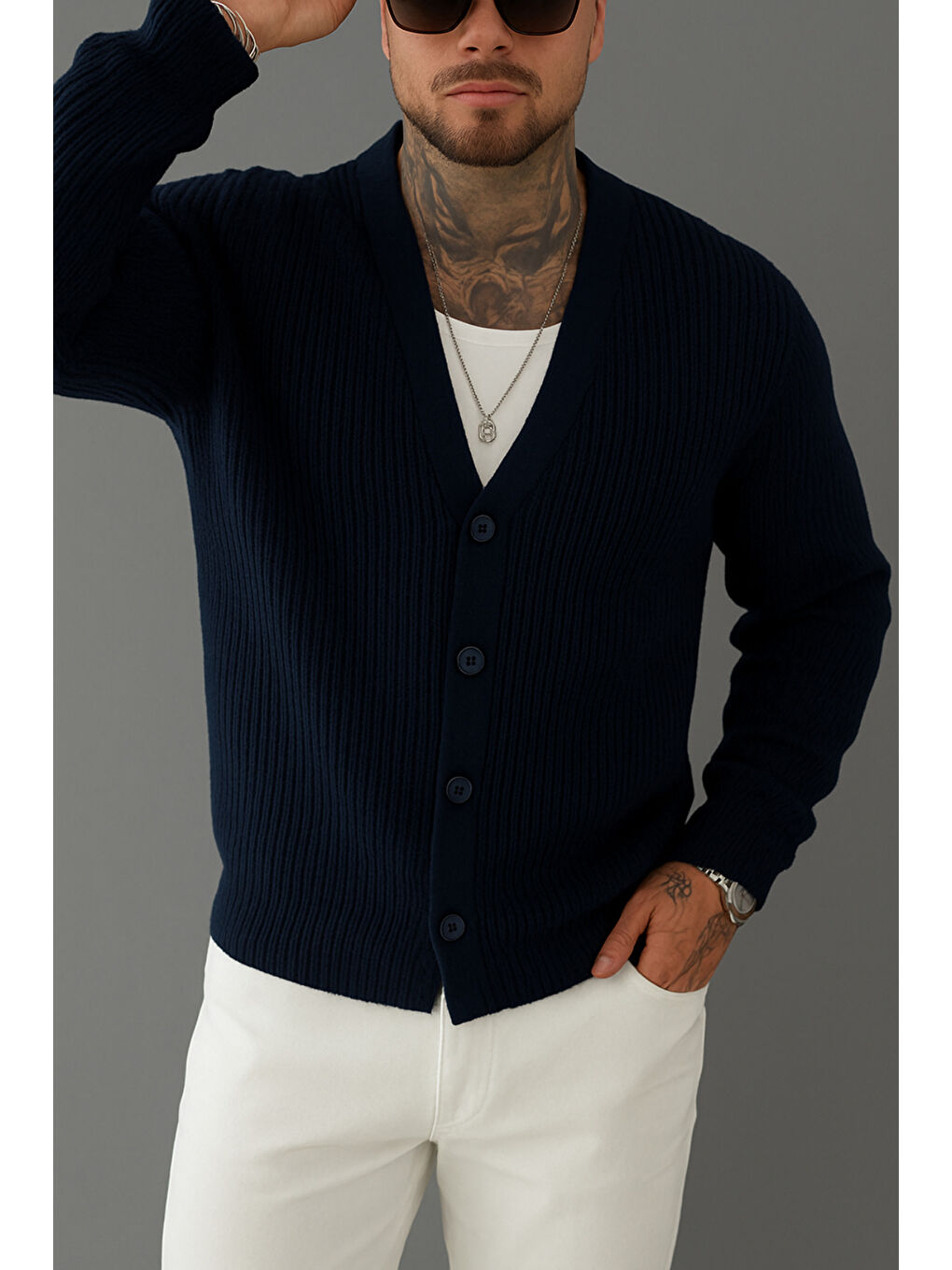 Erkek Lacivert Regular Fit Düğmeli V Yaka Triko Hırka-2