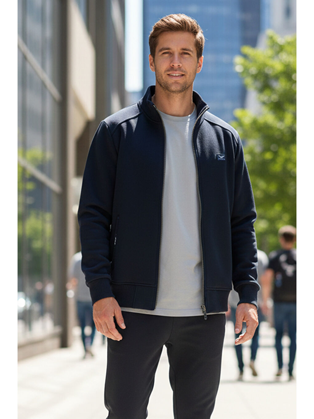 Üç İplik Şardonlu Pamuklu Önü Tek Üst Erkek Fermuarlı Sweatshirt Hırka 0347 Koyu Lacivert-1