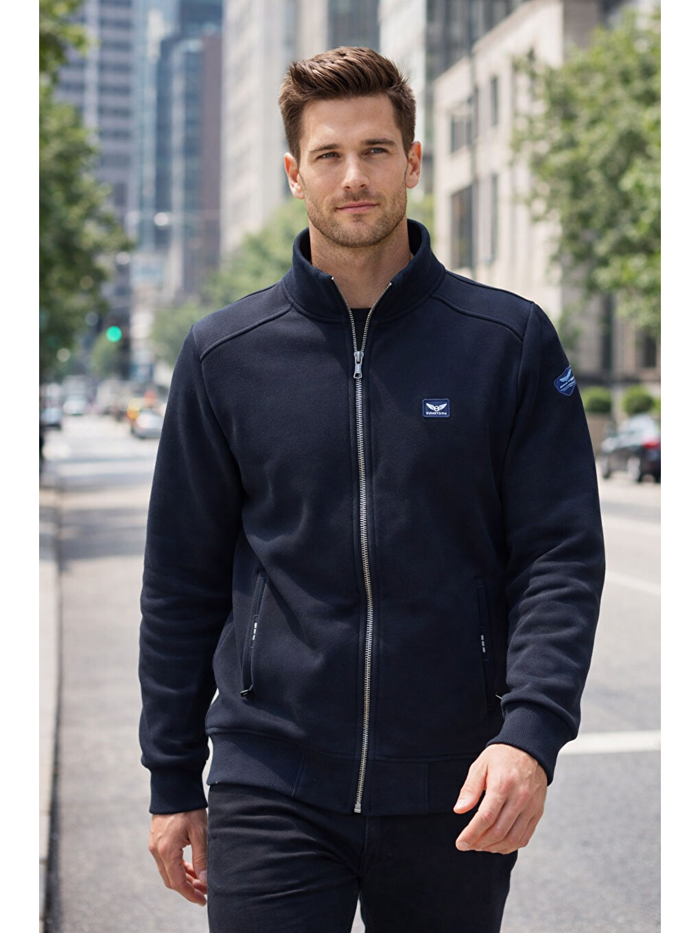 Üç İplik Şardonlu Pamuklu Önü Tek Üst Erkek Fermuarlı Sweatshirt Hırka 0347 Koyu Lacivert-2