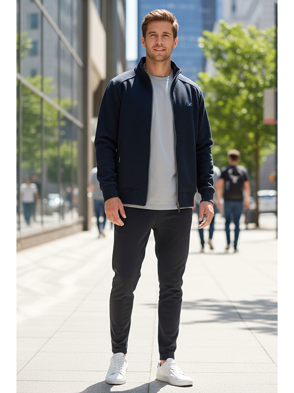 Üç İplik Şardonlu Pamuklu Önü Tek Üst Erkek Fermuarlı Sweatshirt Hırka 0347 Koyu Lacivert-3