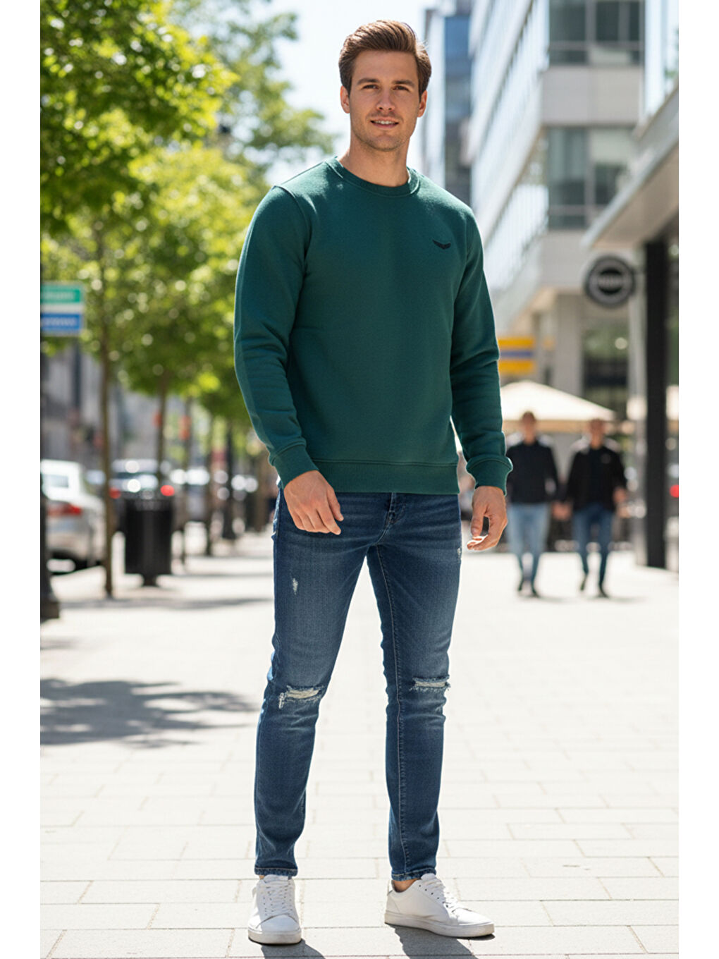 Erkek İçi Şardonlu Bisiklet Yaka Pamuklu Sweatshirt 0319 Zümrüt Yeşil-3