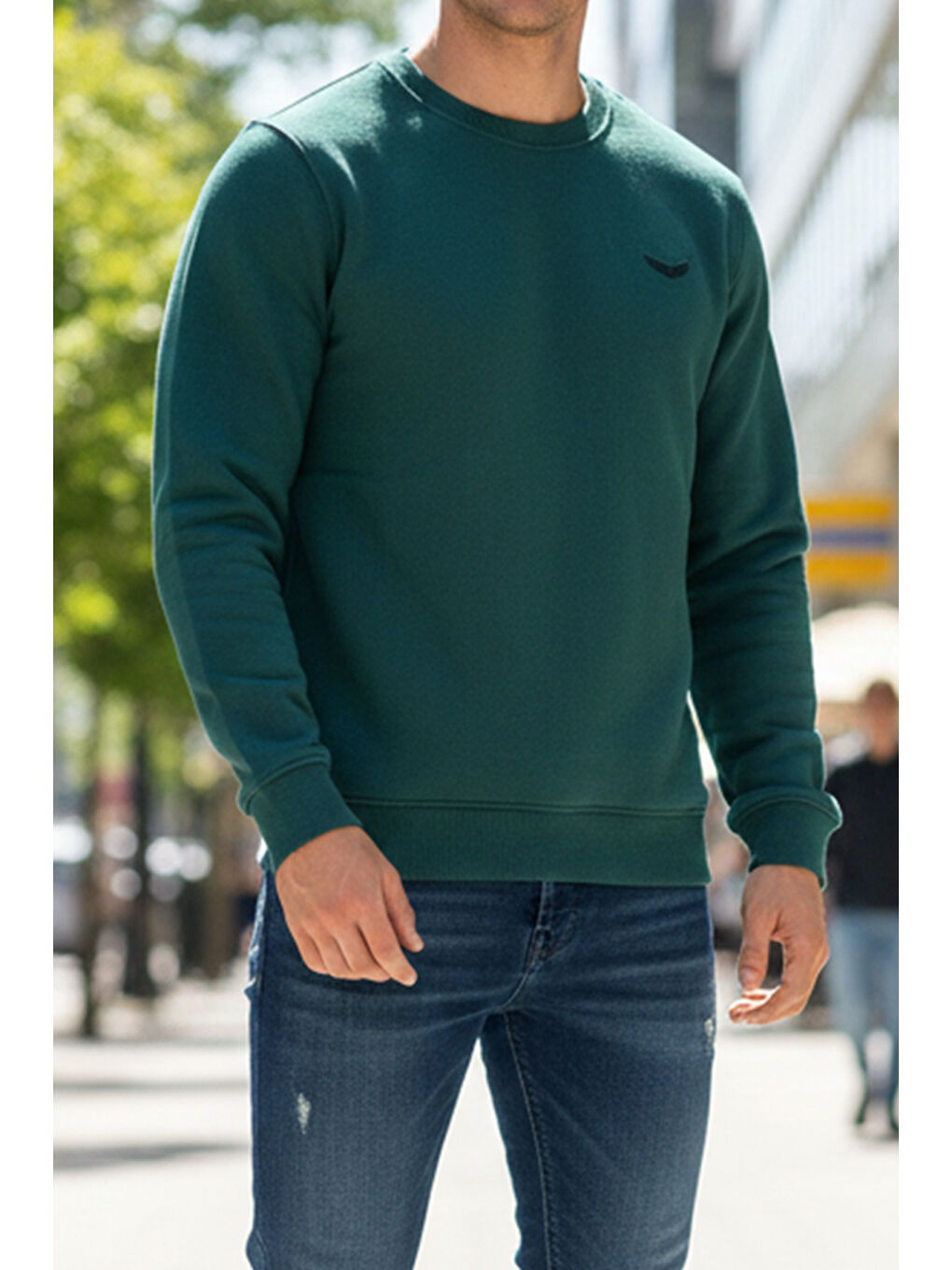 Erkek İçi Şardonlu Bisiklet Yaka Pamuklu Sweatshirt 0319 Zümrüt Yeşil-4