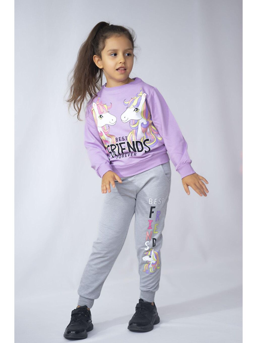 Mor Kız Çocuk 2 İplik Baskı Desen Basic Eşofman Takımı 3-10 Yaş