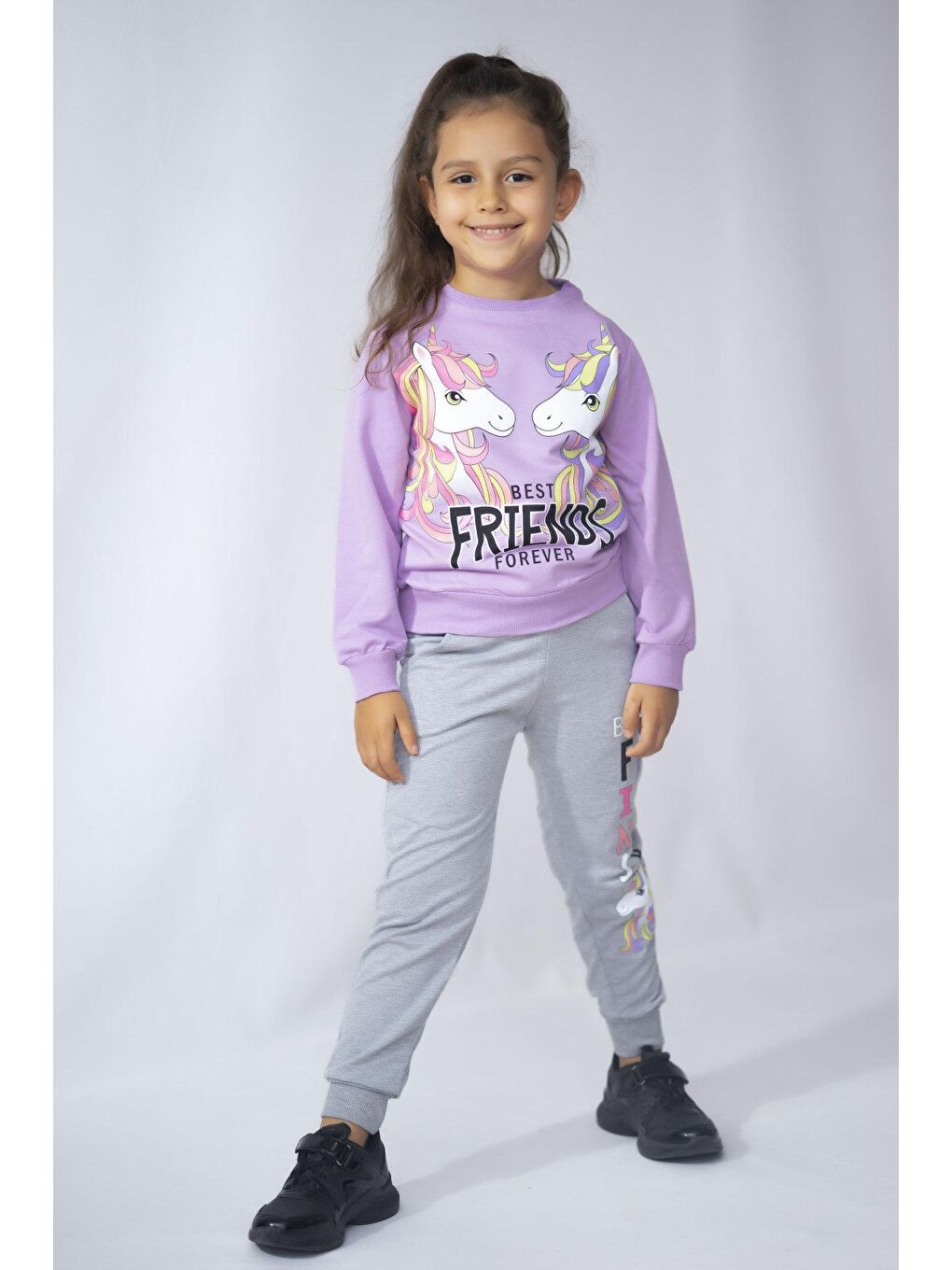 Mor Kız Çocuk 2 İplik Baskı Desen Basic Eşofman Takımı 3-10 Yaş-1