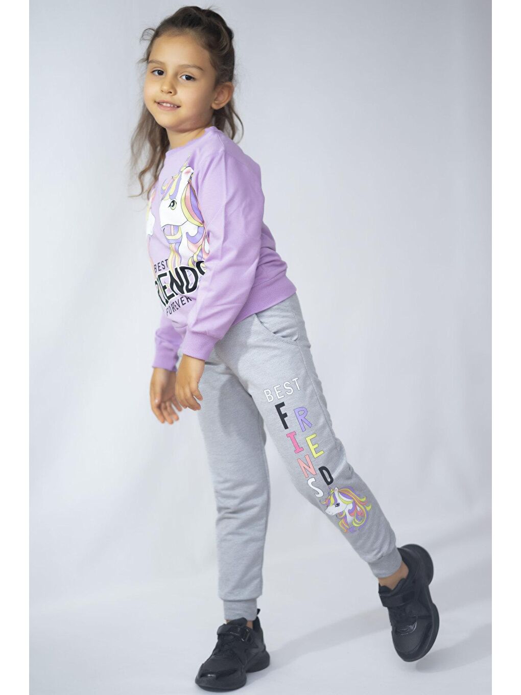 Mor Kız Çocuk 2 İplik Baskı Desen Basic Eşofman Takımı 3-10 Yaş-2