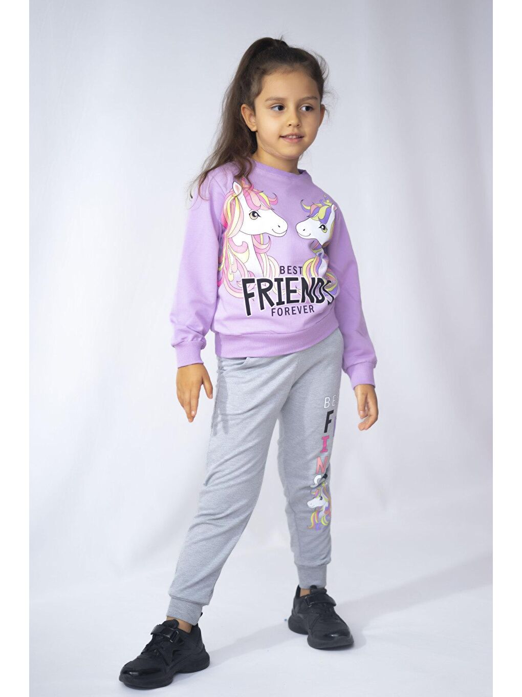 Mor Kız Çocuk 2 İplik Baskı Desen Basic Eşofman Takımı 3-10 Yaş-3