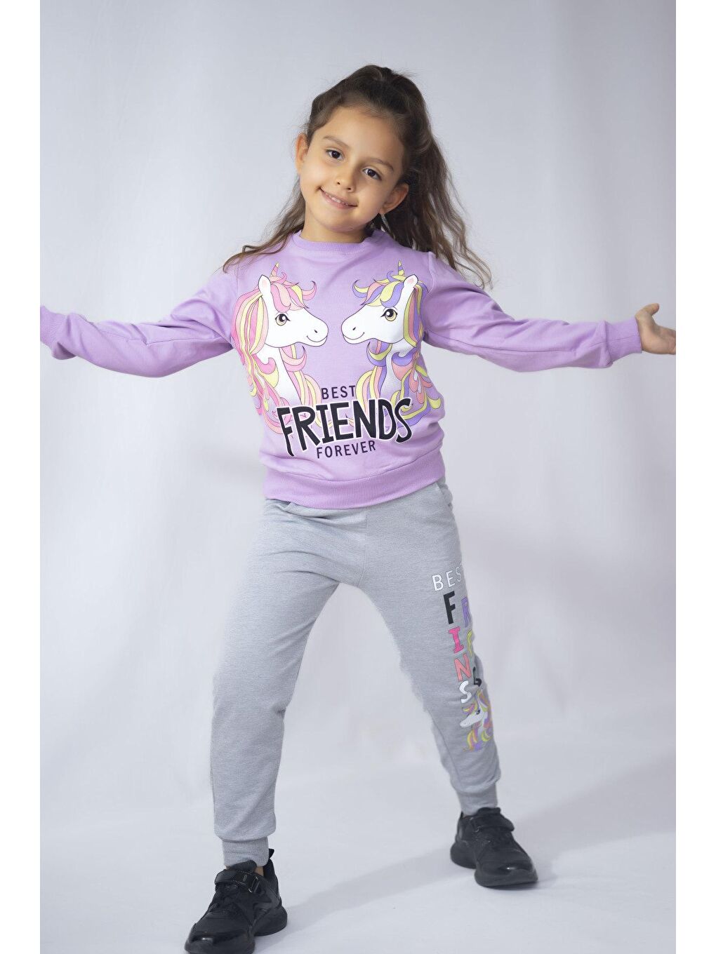 Mor Kız Çocuk 2 İplik Baskı Desen Basic Eşofman Takımı 3-10 Yaş-4