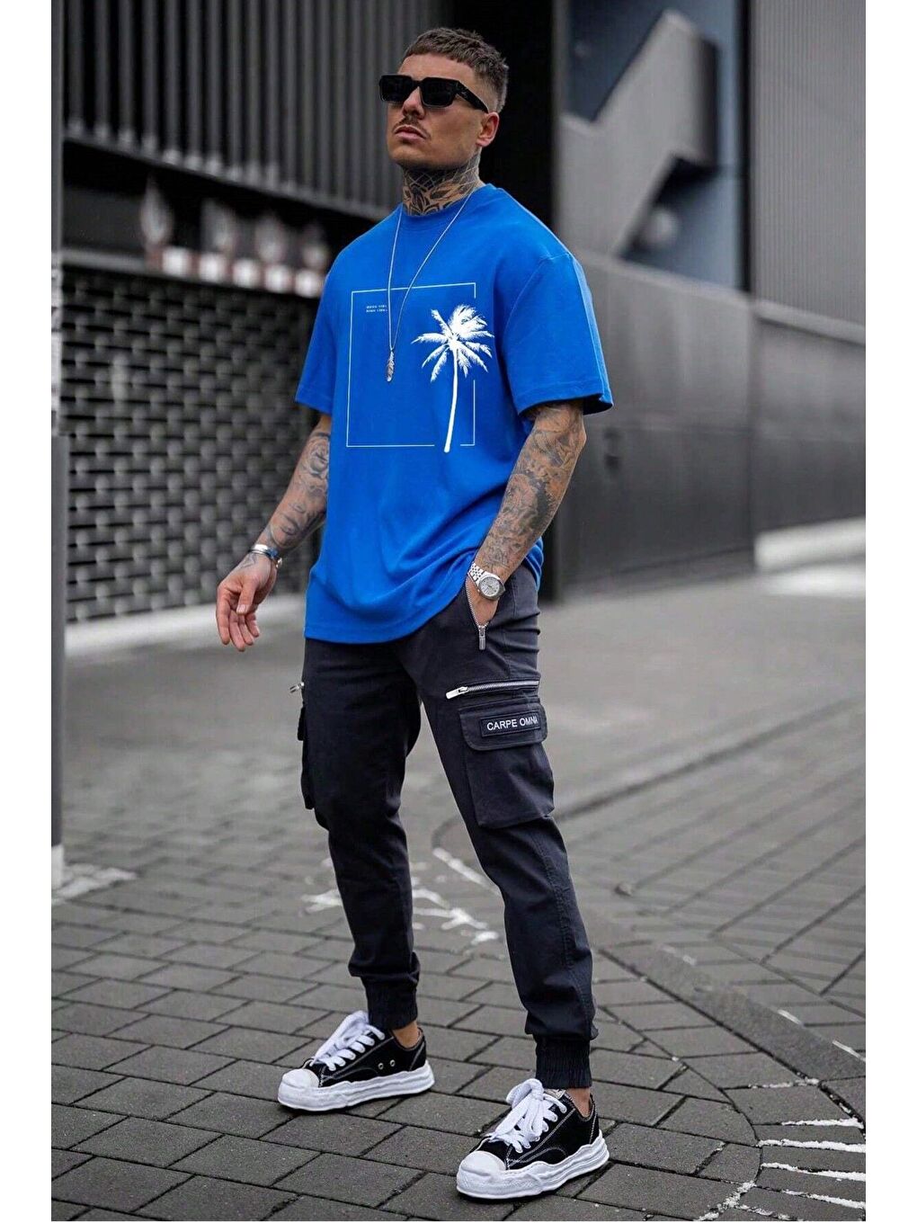 Erkek Mavi Bisiklet Yaka Palmiye Baskılı Oversize Kısa Kollu Tişört-2