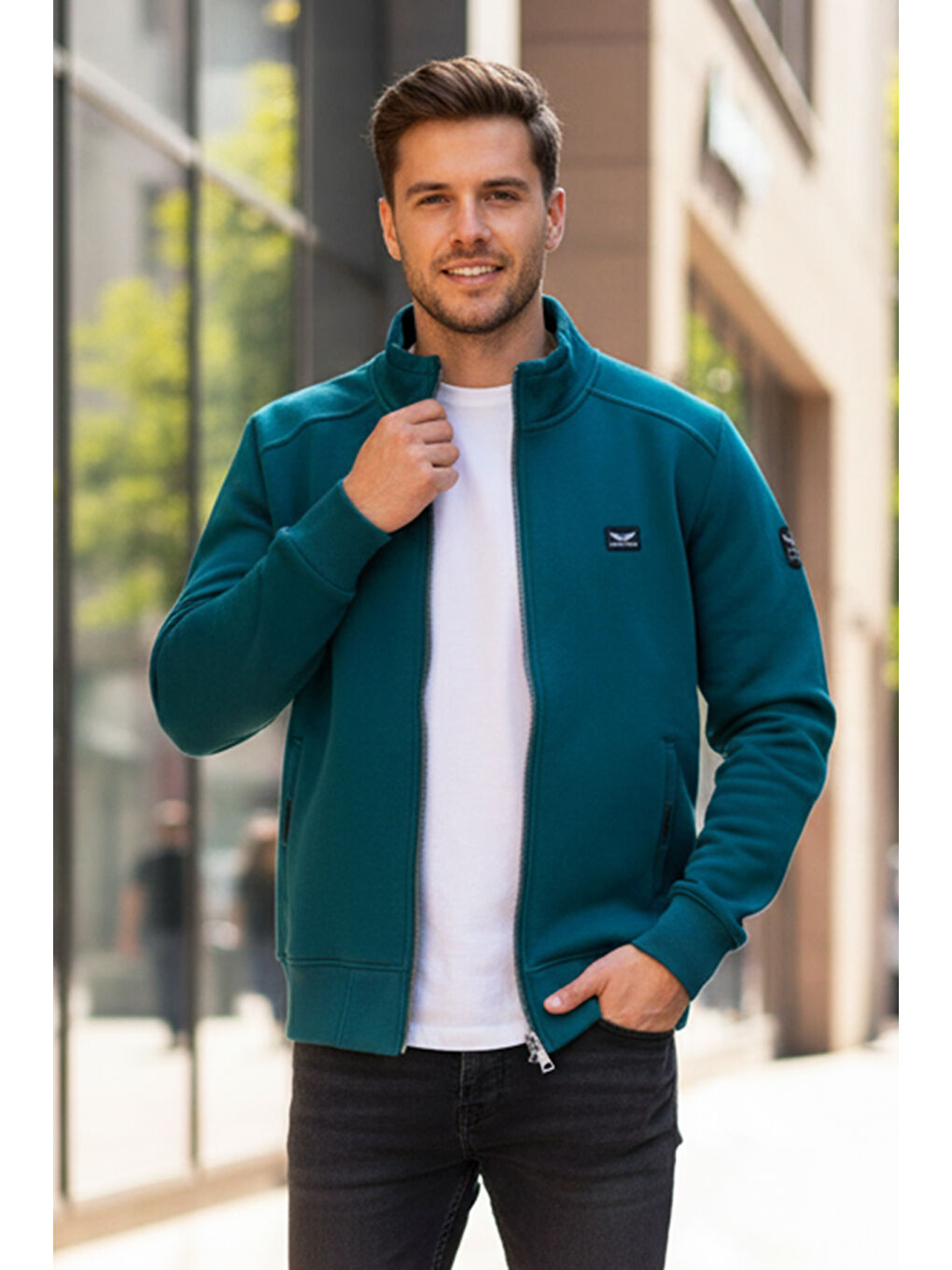 Üç İplik Şardonlu Pamuklu Önü Tek Üst Erkek Fermuarlı Sweatshirt Hırka 0347 Zümrüt Yeşil