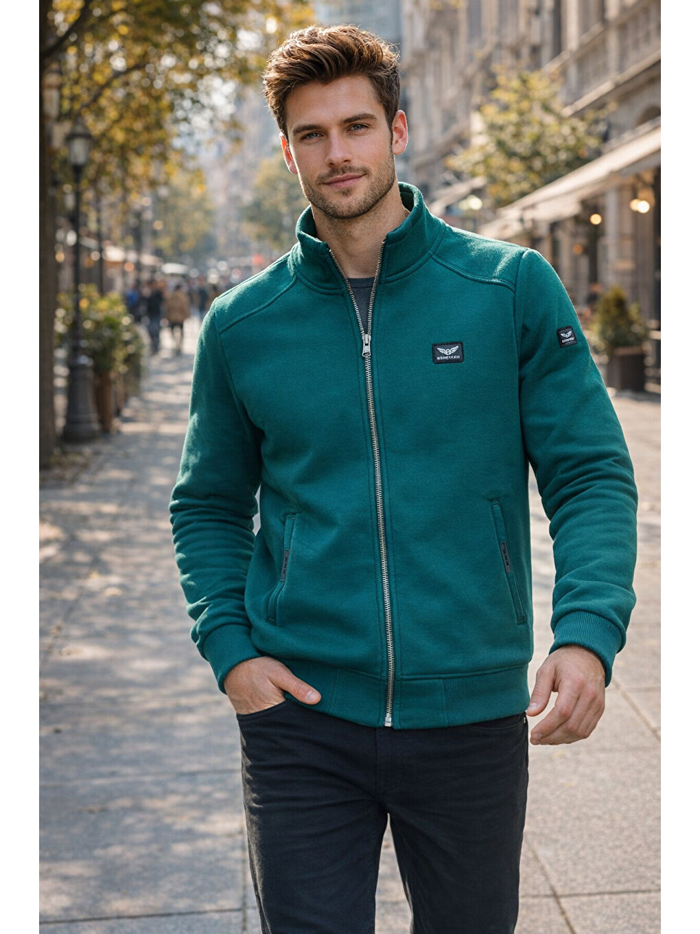 Üç İplik Şardonlu Pamuklu Önü Tek Üst Erkek Fermuarlı Sweatshirt Hırka 0347 Zümrüt Yeşil-1