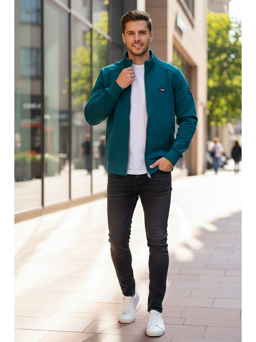 Üç İplik Şardonlu Pamuklu Önü Tek Üst Erkek Fermuarlı Sweatshirt Hırka 0347 Zümrüt Yeşil-2