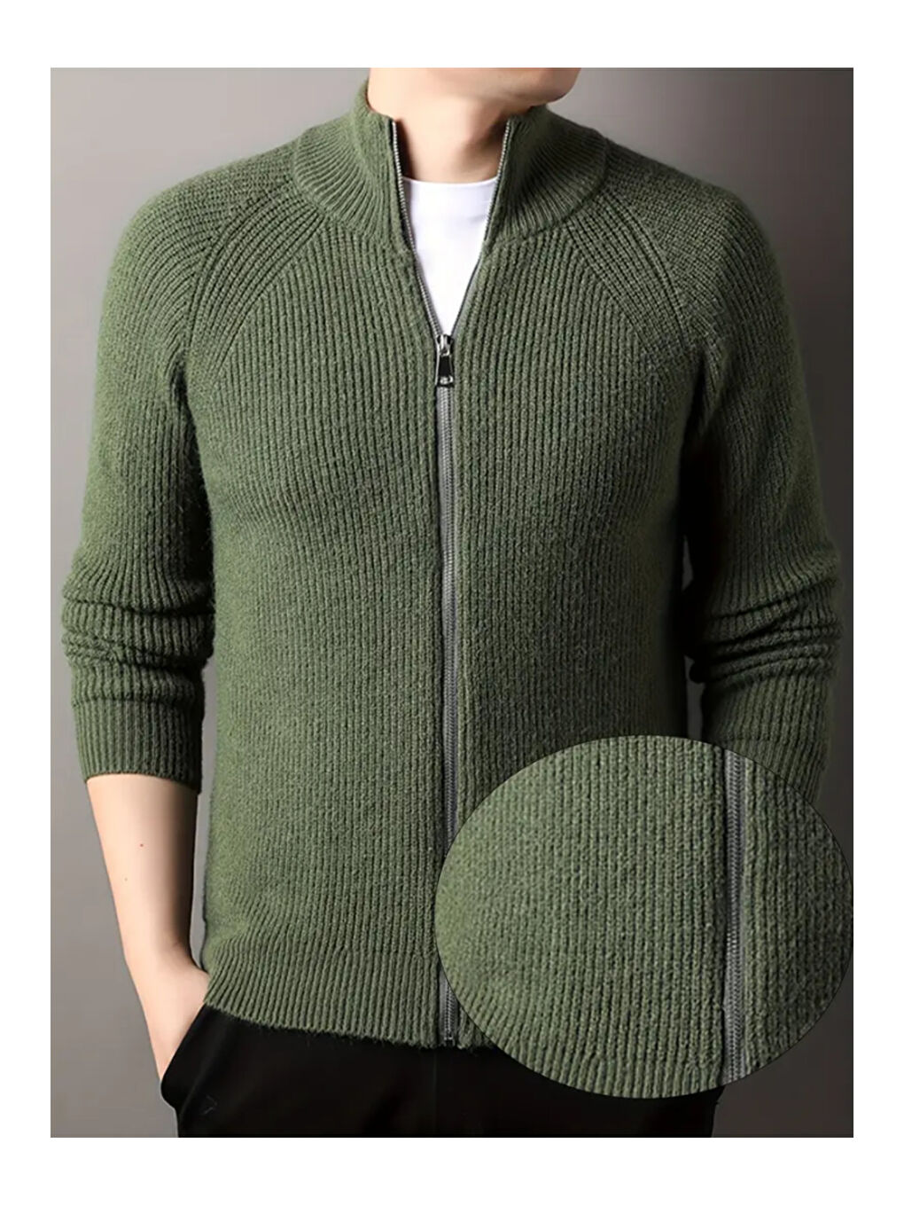 Haki Erkek Dik Yaka Fermuarlı Slim Fit Triko Hırka