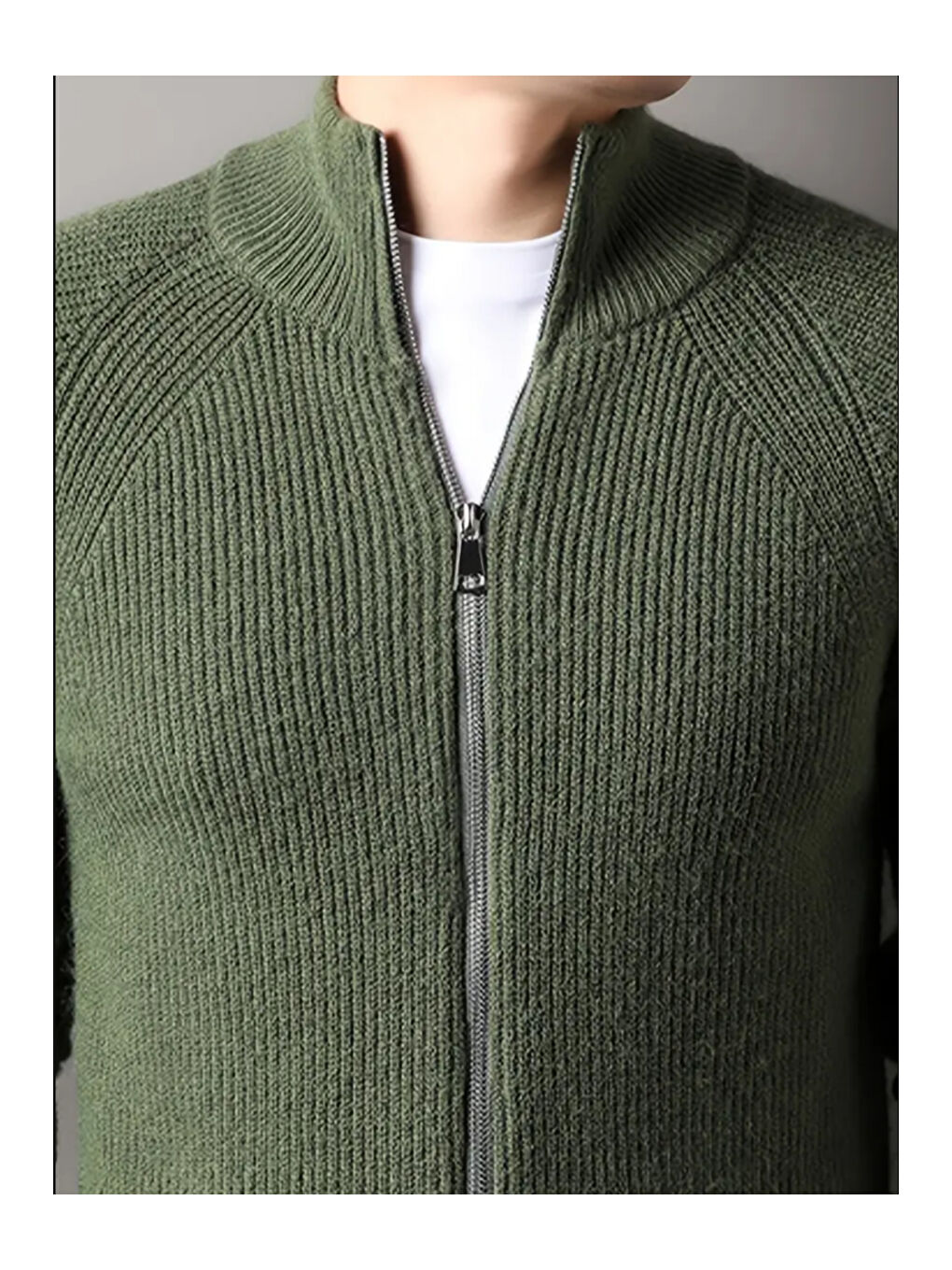 Haki Erkek Dik Yaka Fermuarlı Slim Fit Triko Hırka-1