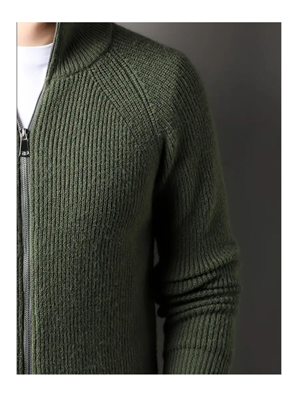 Haki Erkek Dik Yaka Fermuarlı Slim Fit Triko Hırka-2