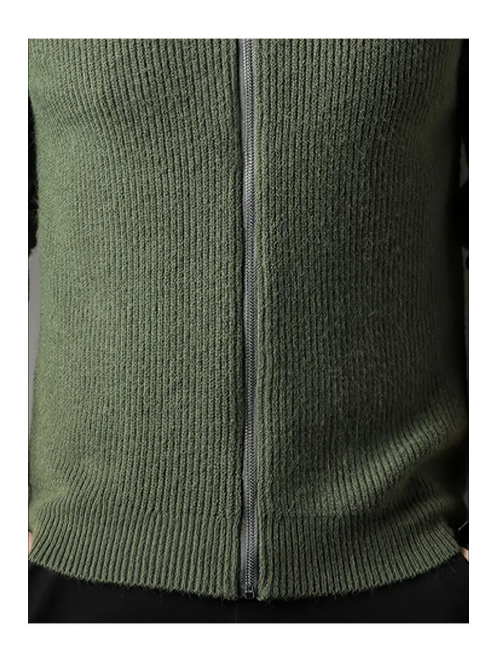 Haki Erkek Dik Yaka Fermuarlı Slim Fit Triko Hırka-3