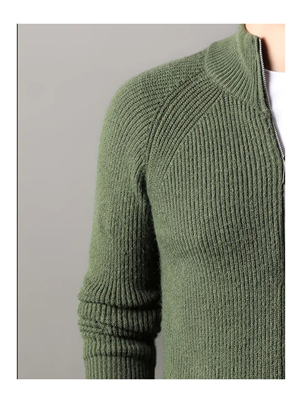 Haki Erkek Dik Yaka Fermuarlı Slim Fit Triko Hırka-4