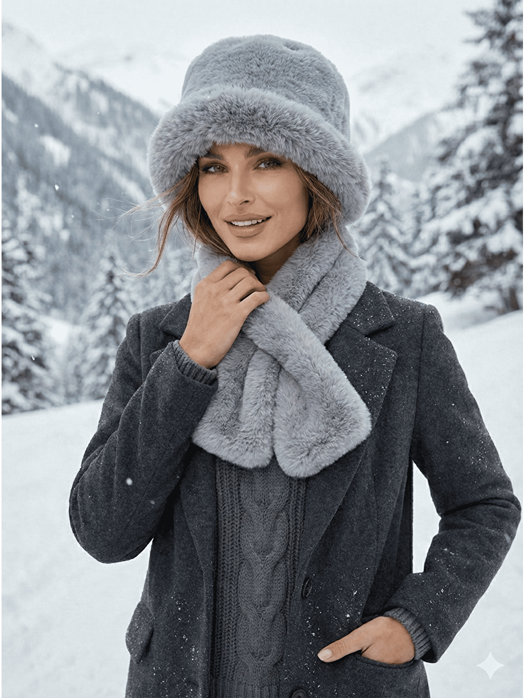 Kadın Gri 2 li Set Pelüş Bucket Şapka Boyunluk Atkı Set01-1