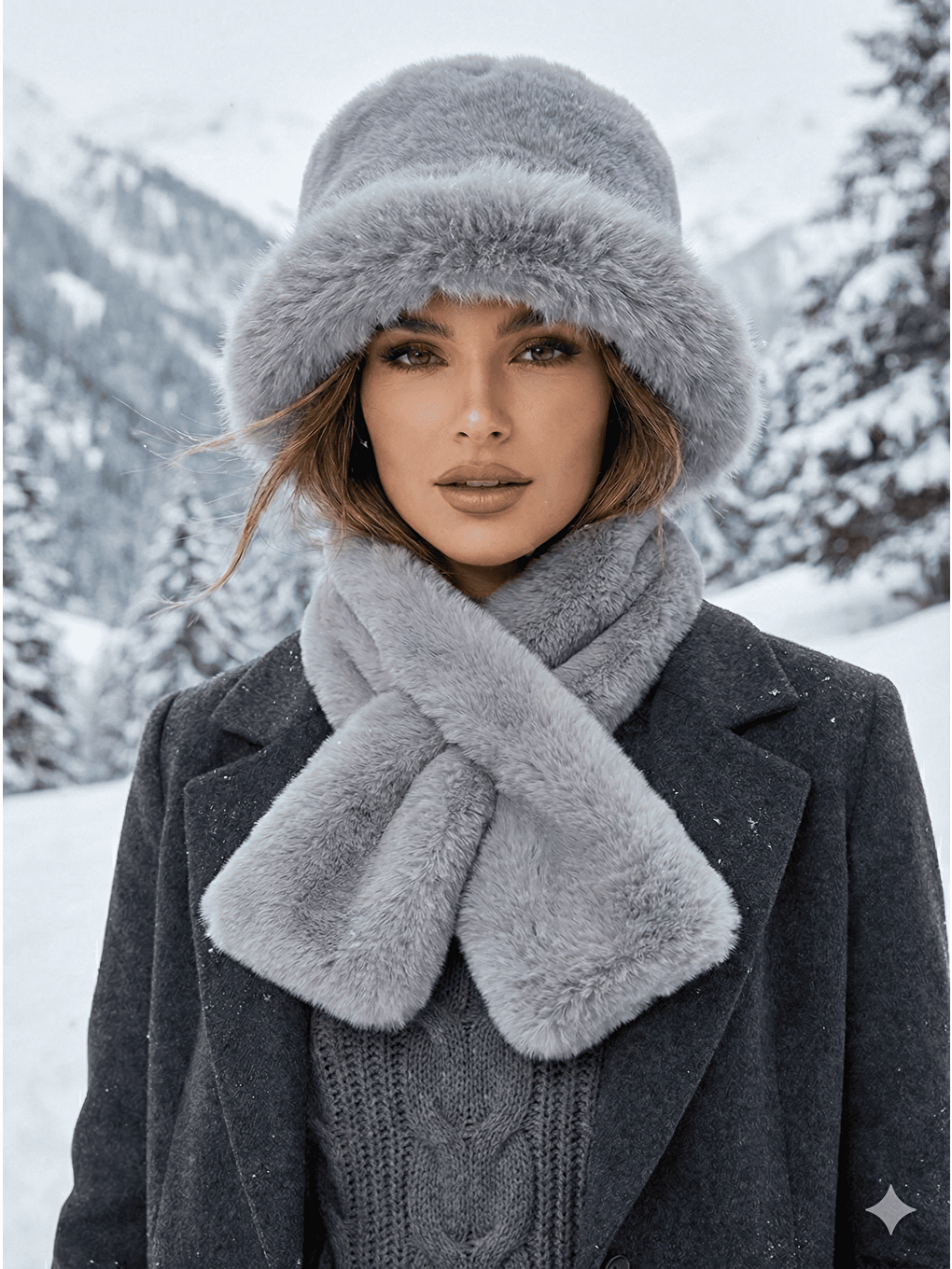 Kadın Gri 2 li Set Pelüş Bucket Şapka Boyunluk Atkı Set01-2