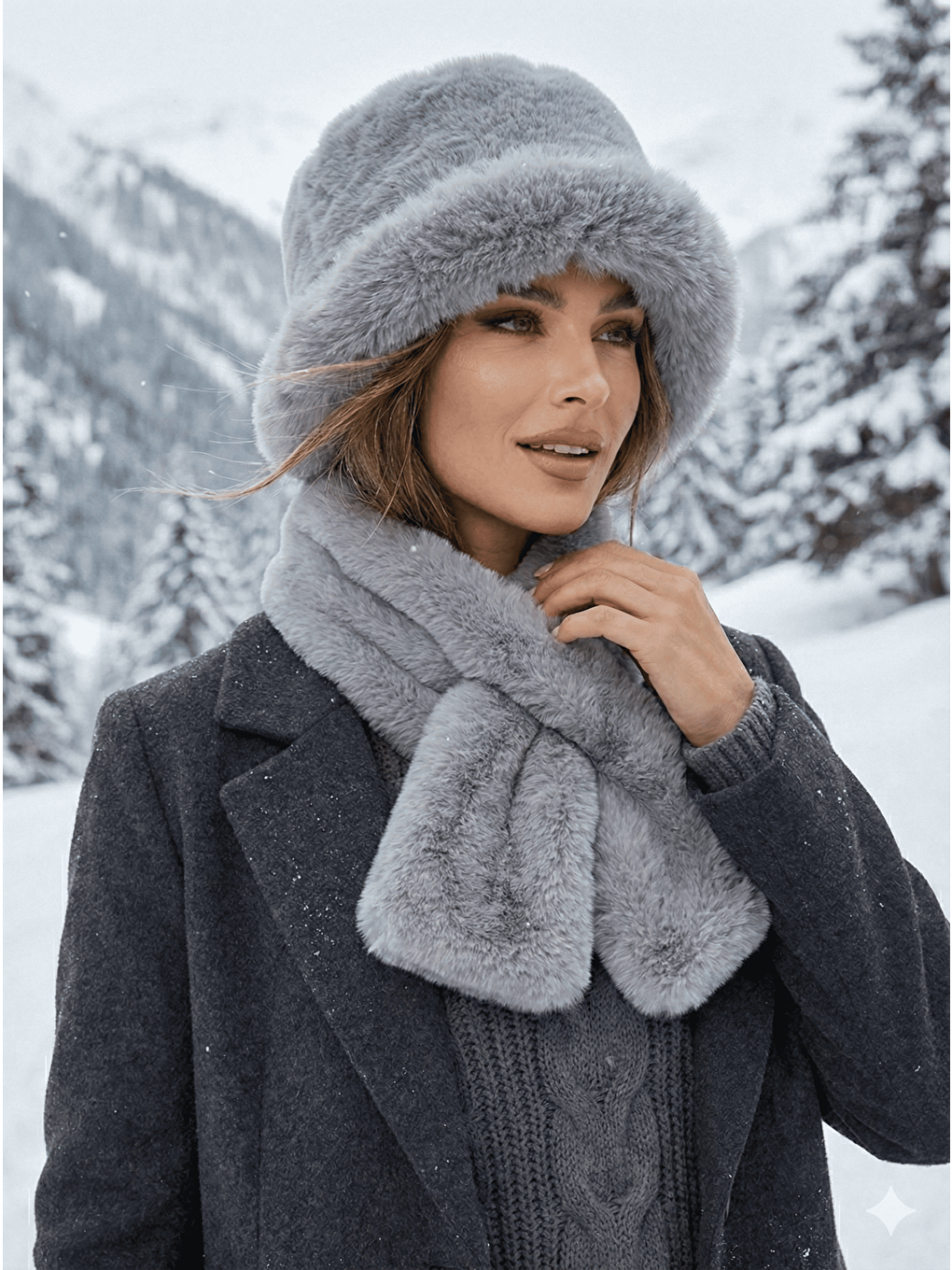 Kadın Gri 2 li Set Pelüş Bucket Şapka Boyunluk Atkı Set01-3