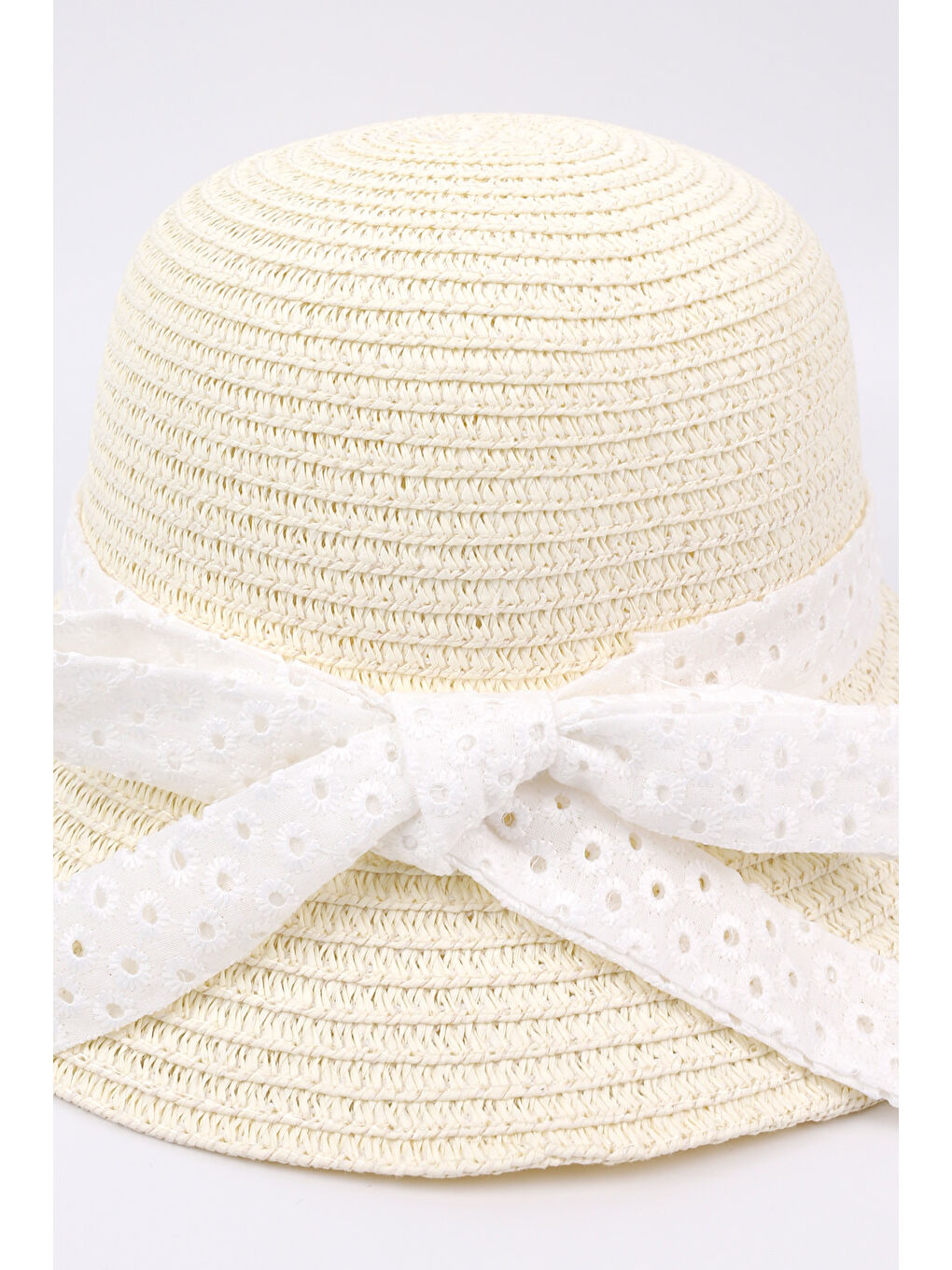 Ekru Krem  Fistolu Kız Çocuk Hasır Şapka-1