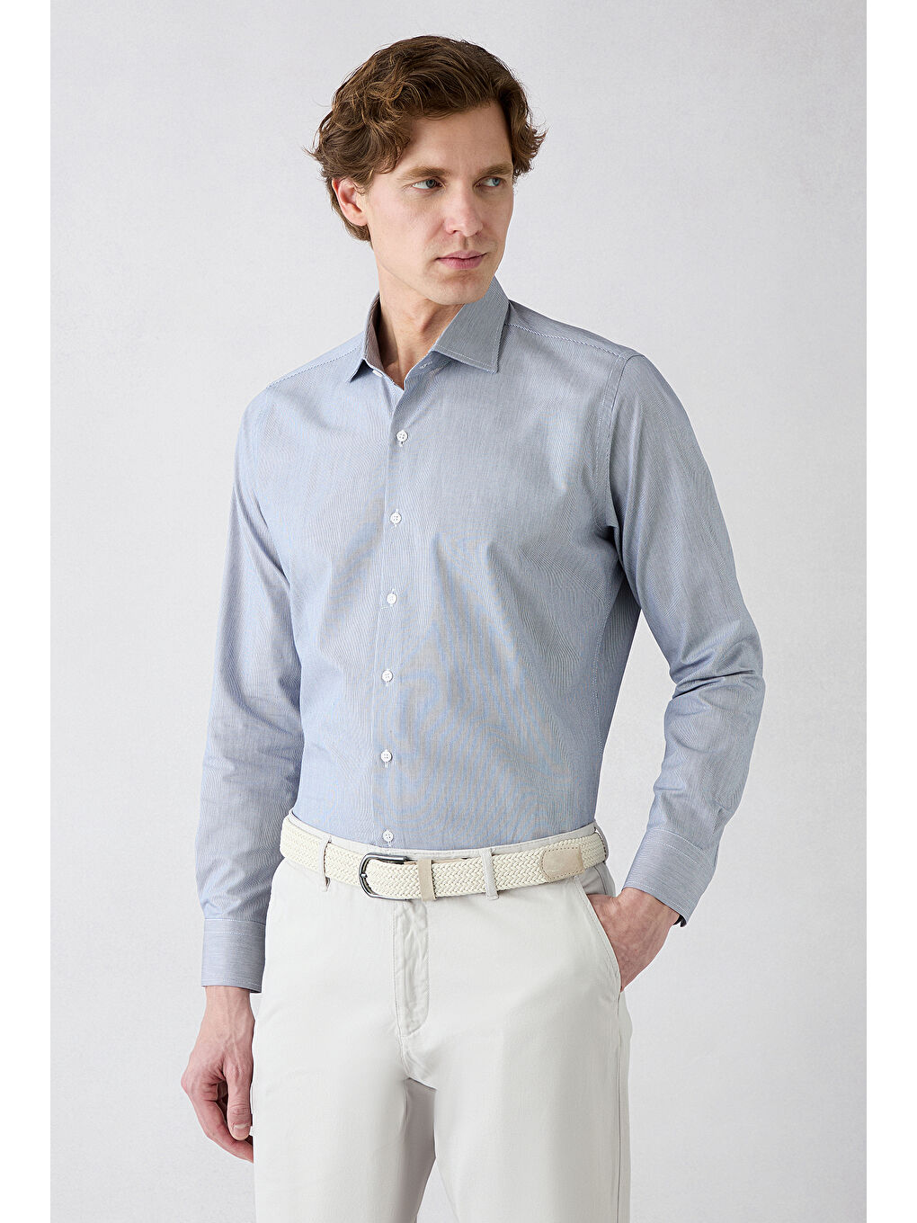 Lacivert Uzun Kol Çizgili Slim Fit Gömlek