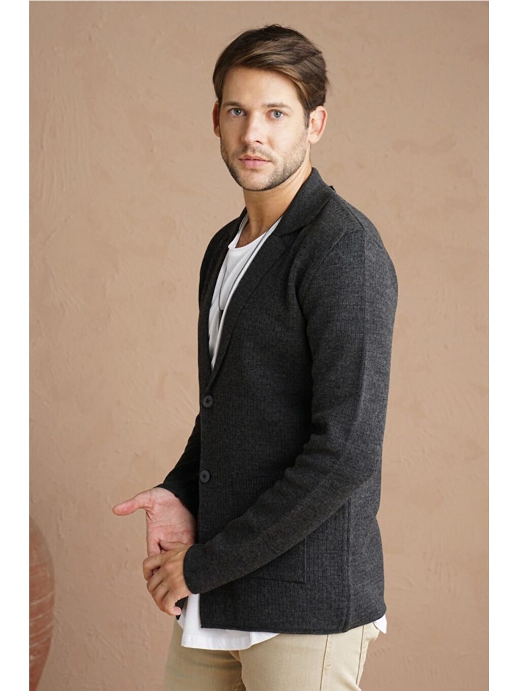 Pembe Erkek Antrasit Şal Yaka Çelik Örgü Ceket Hırka-hrkckt1824r04s-1