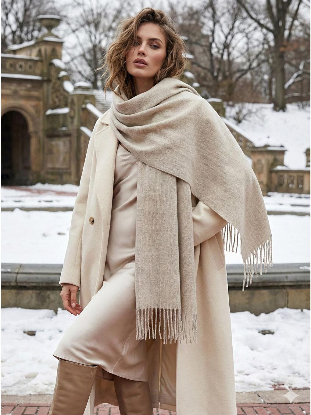 Bej Püsküllü Atkı – Şal Ve Geniş Yapı, Soğuk Hava Için Ideal Sal1296-1