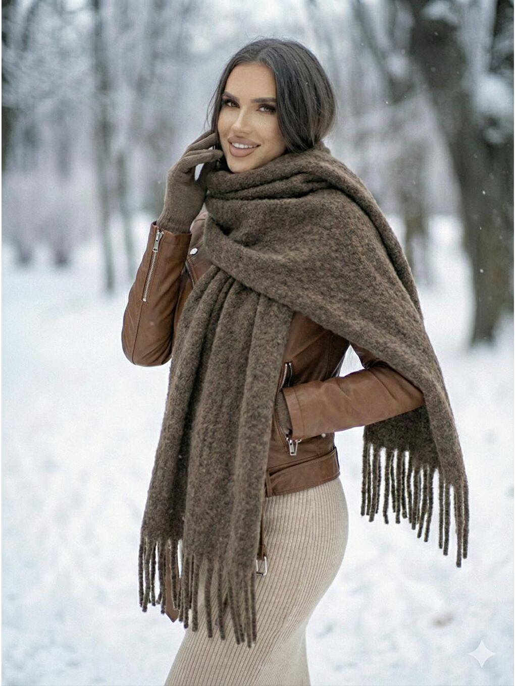 Bej Vizon Püsküllü Atkı – Şal Ve Geniş Yapı, Soğuk Hava Için Ideal Sal1296-1