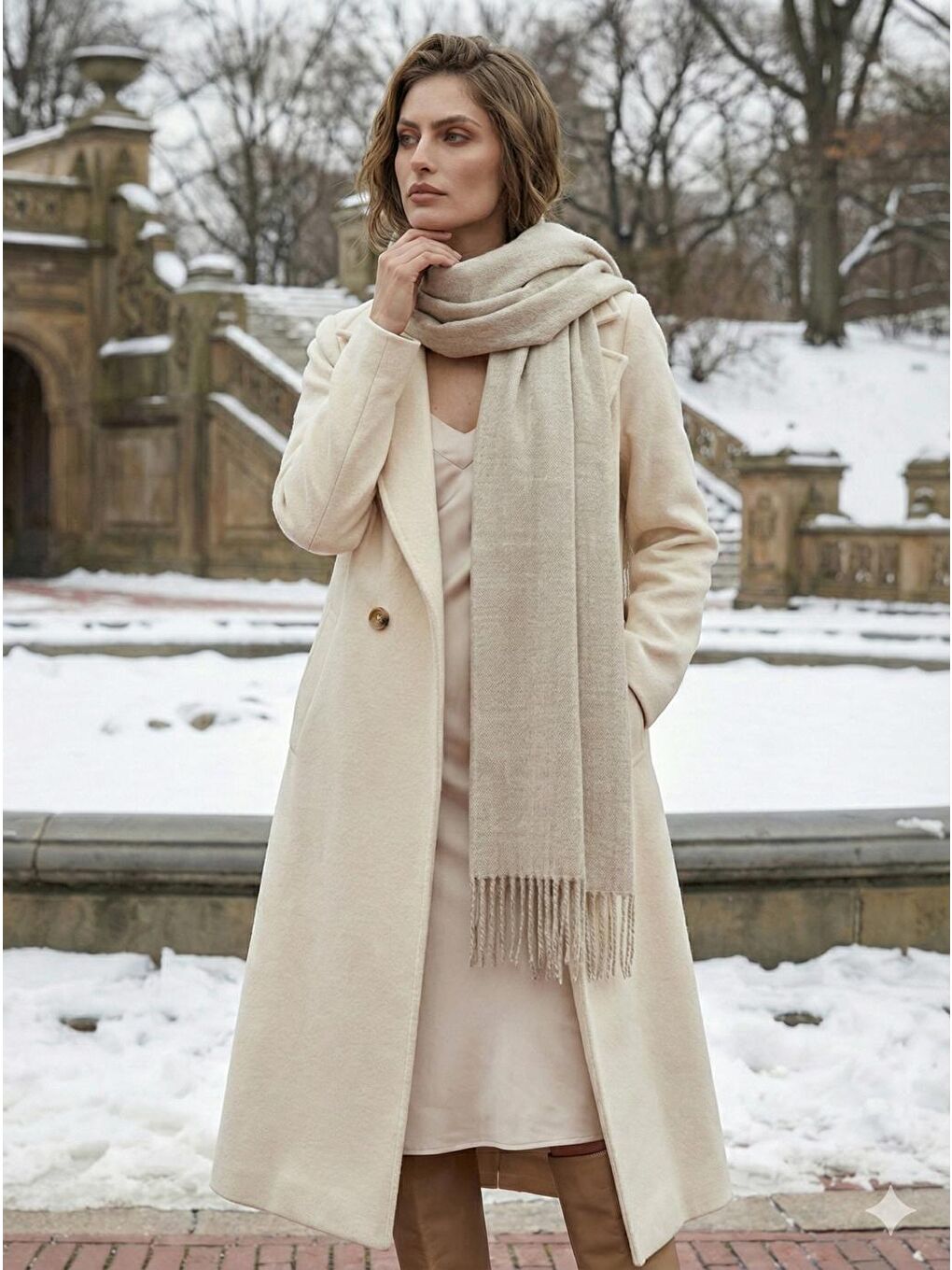 Bej Püsküllü Atkı – Şal Ve Geniş Yapı, Soğuk Hava Için Ideal Sal1296-2