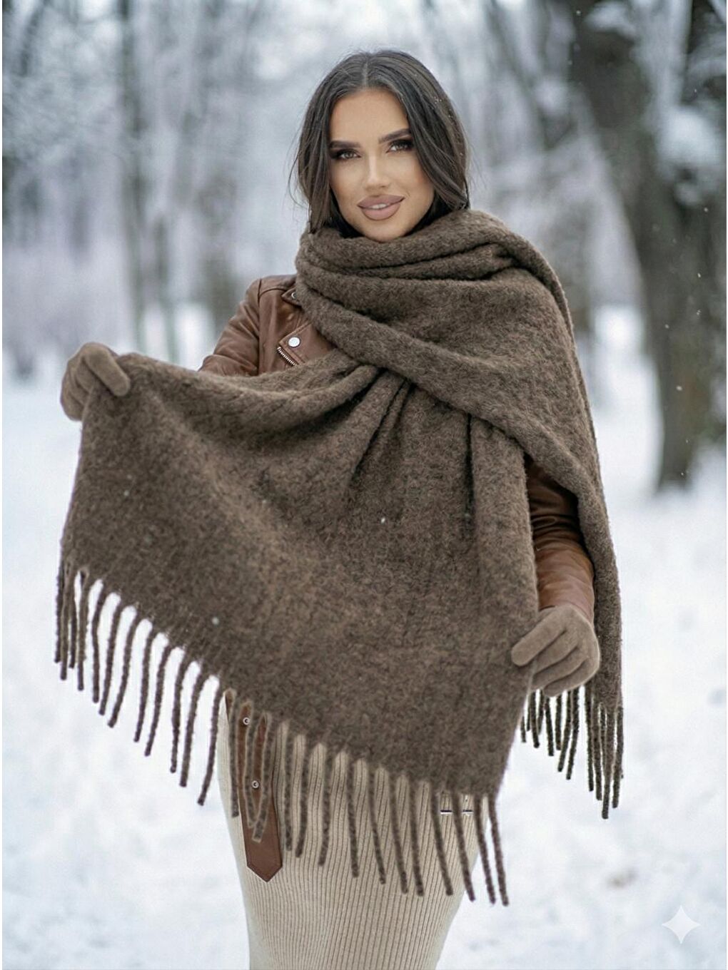 Bej Vizon Püsküllü Atkı – Şal Ve Geniş Yapı, Soğuk Hava Için Ideal Sal1296-2