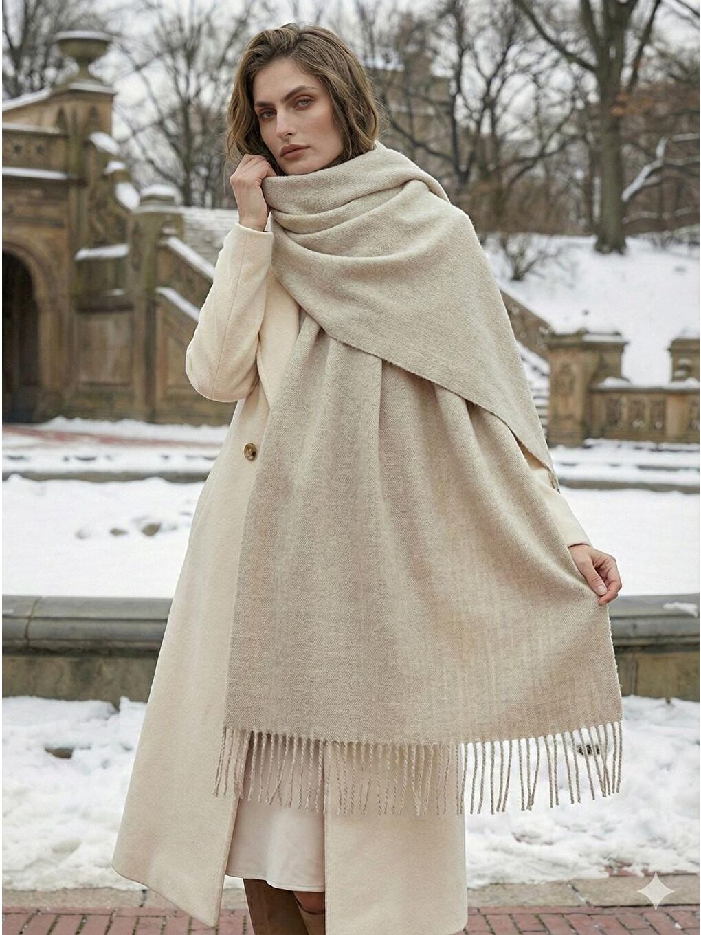 Bej Püsküllü Atkı – Şal Ve Geniş Yapı, Soğuk Hava Için Ideal Sal1296-3