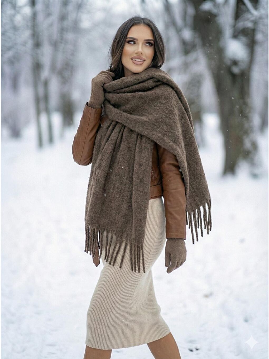 Bej Vizon Püsküllü Atkı – Şal Ve Geniş Yapı, Soğuk Hava Için Ideal Sal1296-4